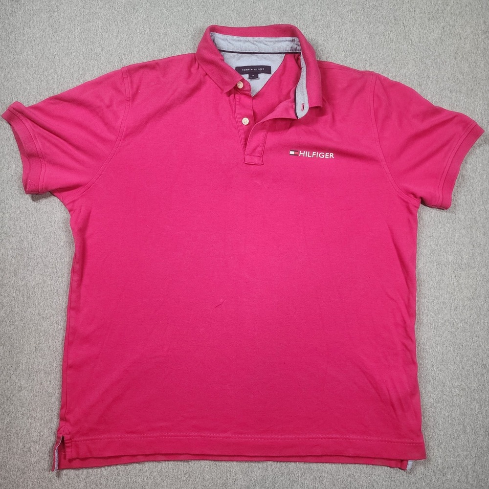 Tommy Hilfiger Polo Shirt Mens Medium Pink Good Short Sleeve Logo Pique